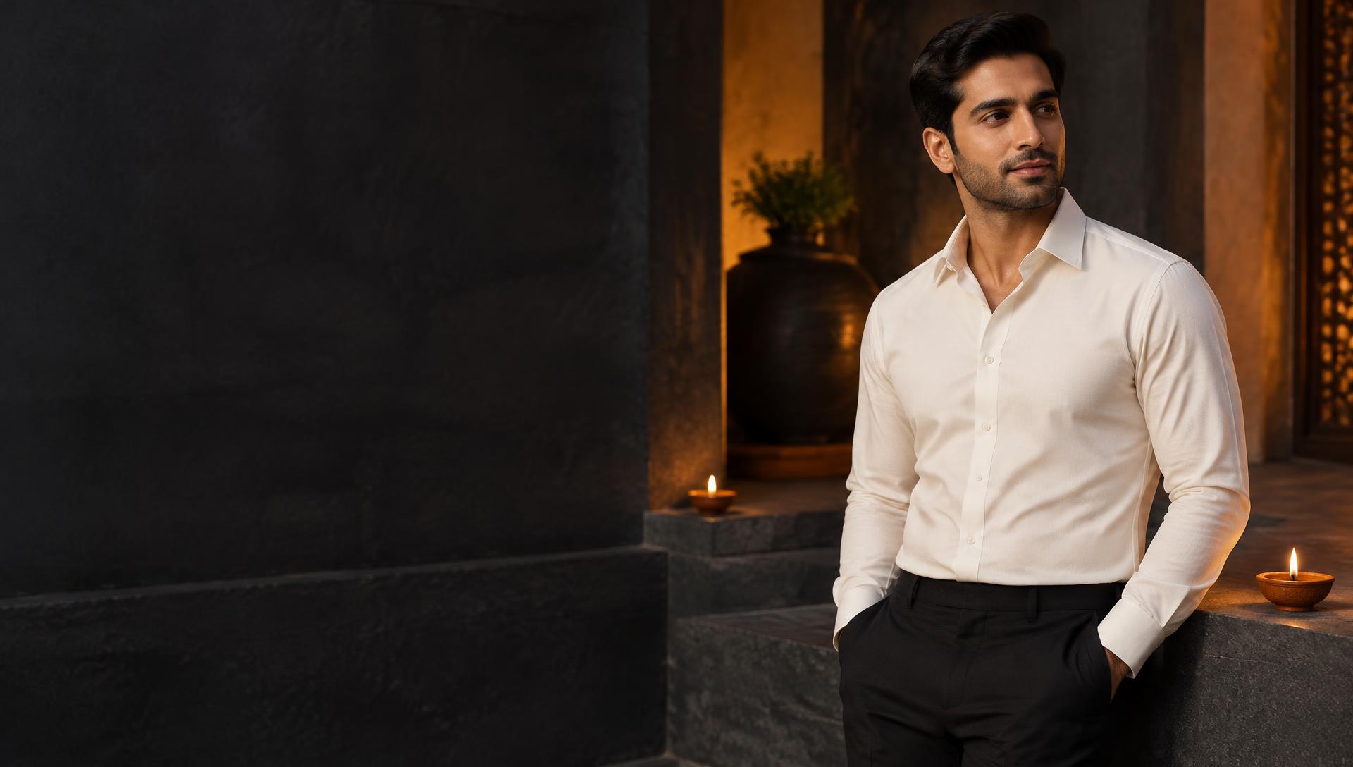 Gentleman in an ivory button-up shirt beside glowing clay diyas in a refined courtyard