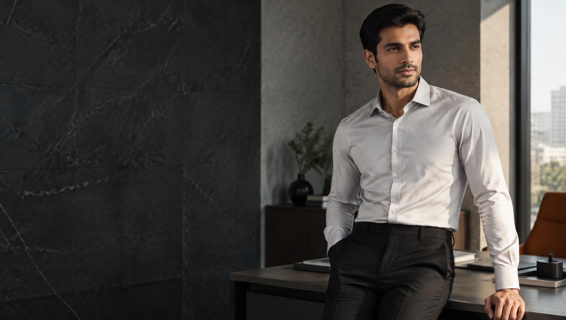 Professional in a light-gray cotton shirt standing beside a desk in a naturally lit office
